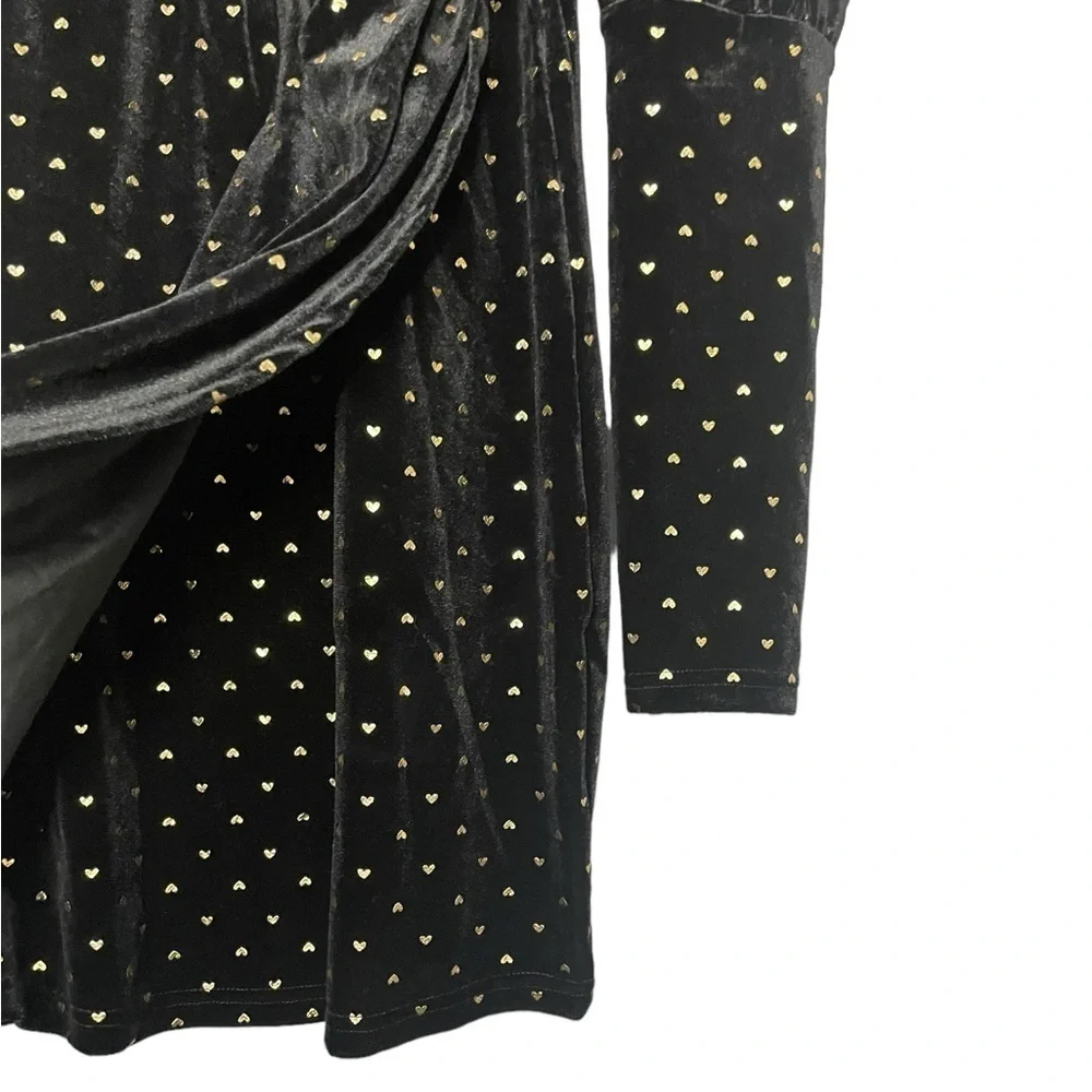 Saint Genies Heart Print Velvet Faux Wrap Mini Dress Black and Gold NWT - Picture 7 of 14